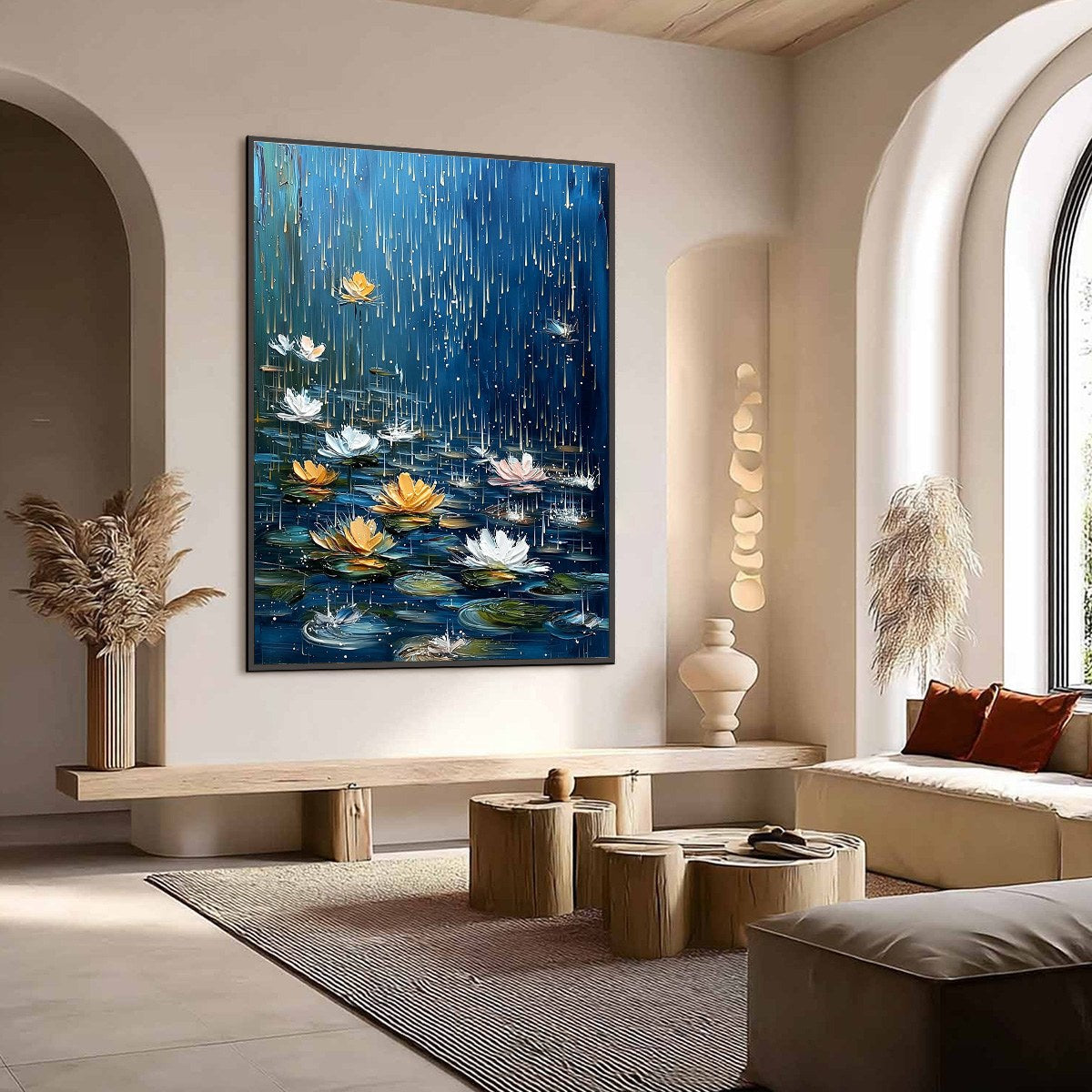 CELESTIAL RAIN: Textured Impasto Painting of Water Lilies in Rain - Image 7