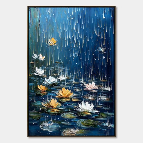 CELESTIAL RAIN: Textured Impasto Painting of Water Lilies in Rain