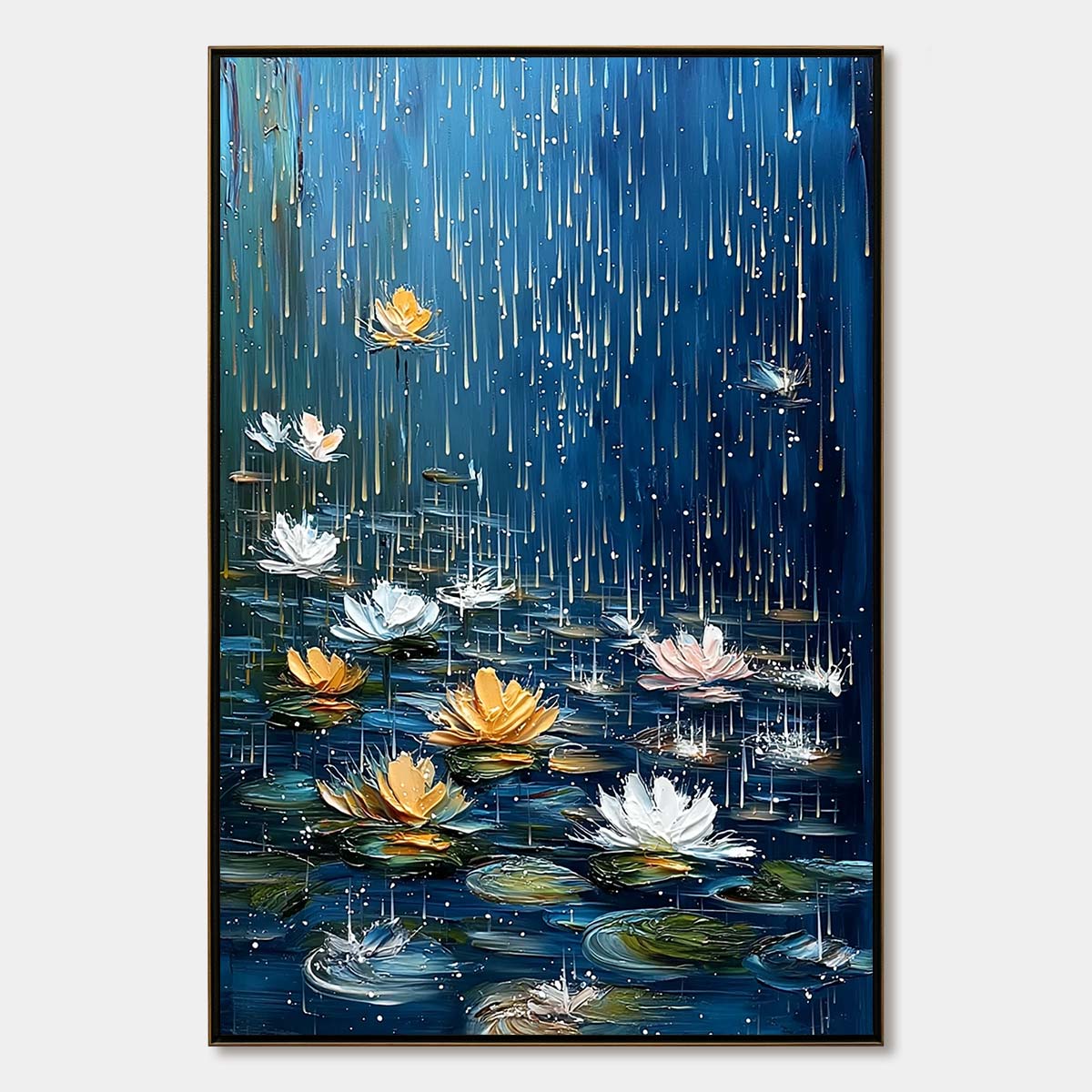 CELESTIAL RAIN: Textured Impasto Painting of Water Lilies in Rain