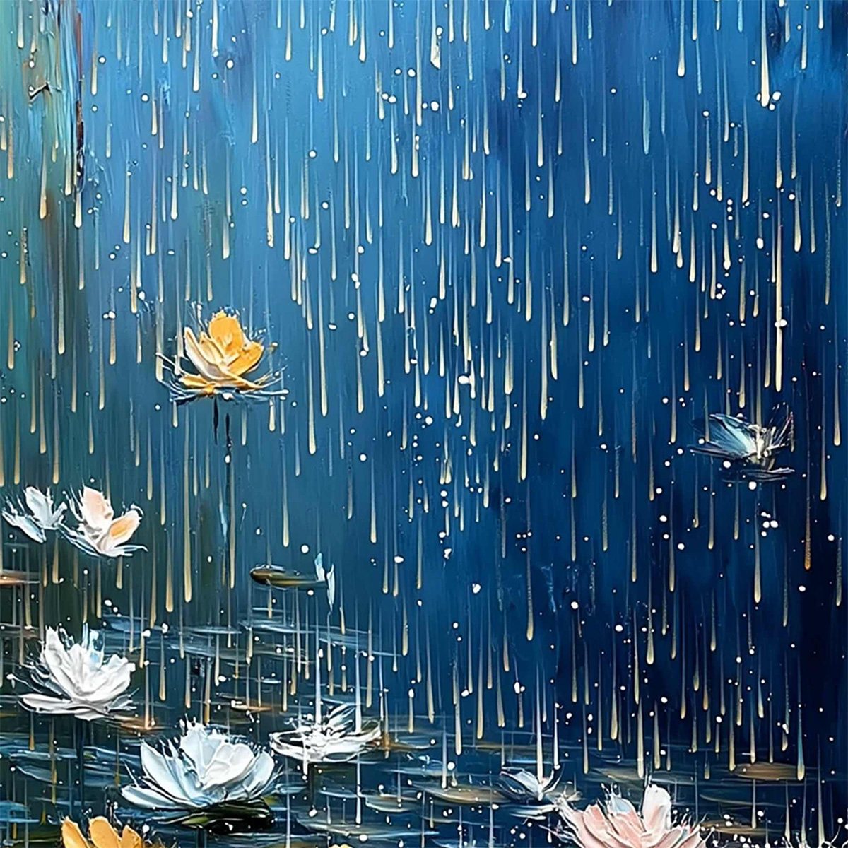 CELESTIAL RAIN: Textured Impasto Painting of Water Lilies in Rain - Image 5
