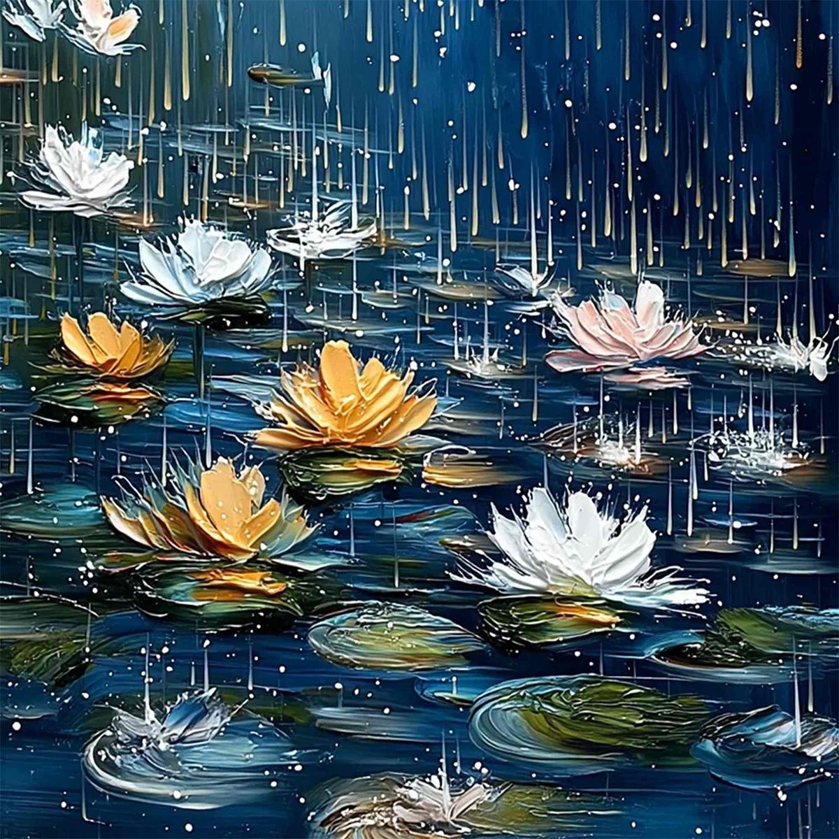 CELESTIAL RAIN: Textured Impasto Painting of Water Lilies in Rain - Image 3