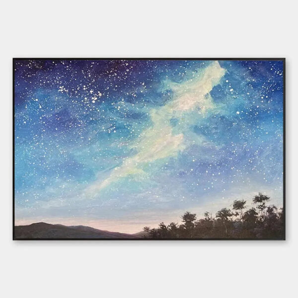 CELESTIAL DREAMSCAPE: Nightscape Painting, Starry Sky Wall Art, Panoramic Landscape, Horizontal Canvas