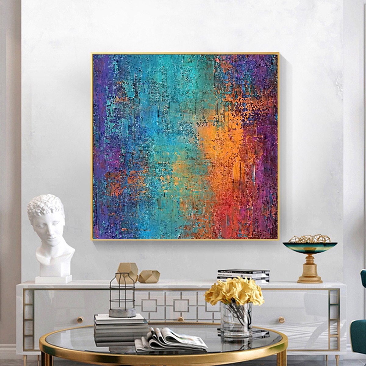 CELESTIAL FUSION: Textured Abstract Oil Painting in Turquoise - Image 2
