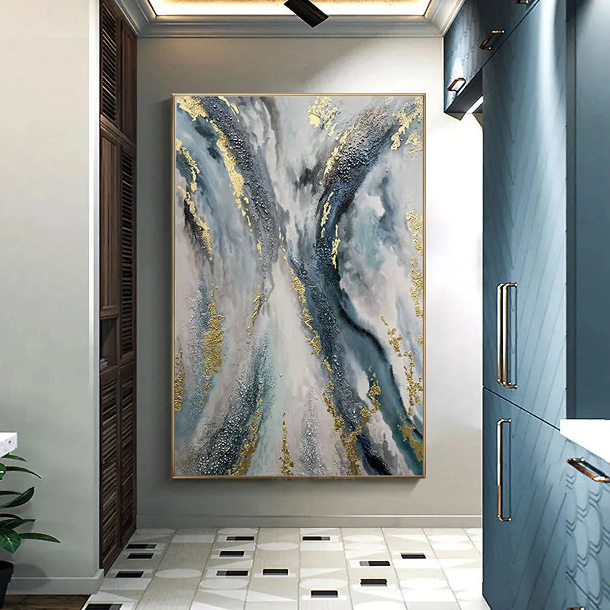 CELESTIAL RIVER: Vertical Abstract Oil Painting with Gold Leaf Accents - Image 2