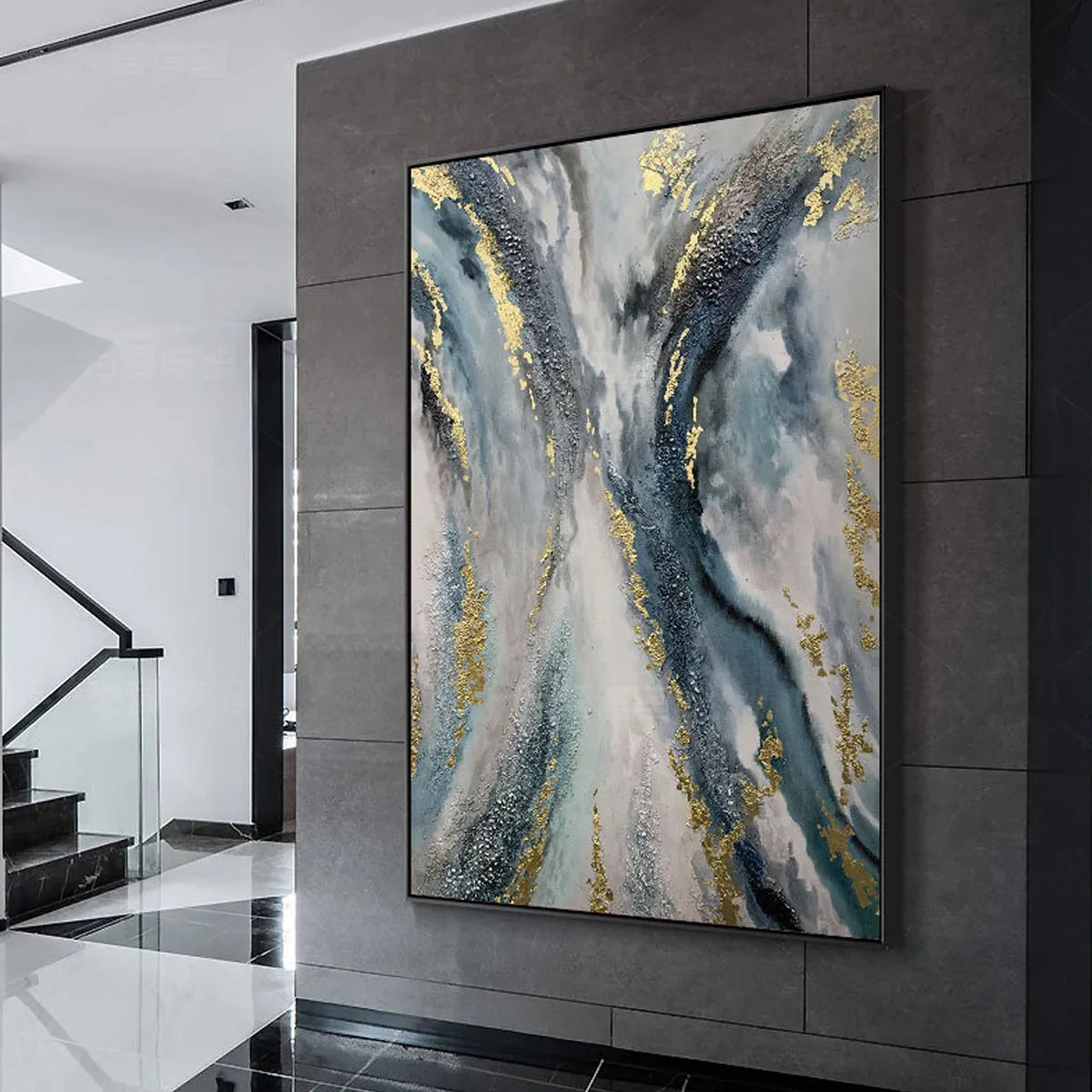 CELESTIAL RIVER: Vertical Abstract Oil Painting with Gold Leaf Accents - Image 5