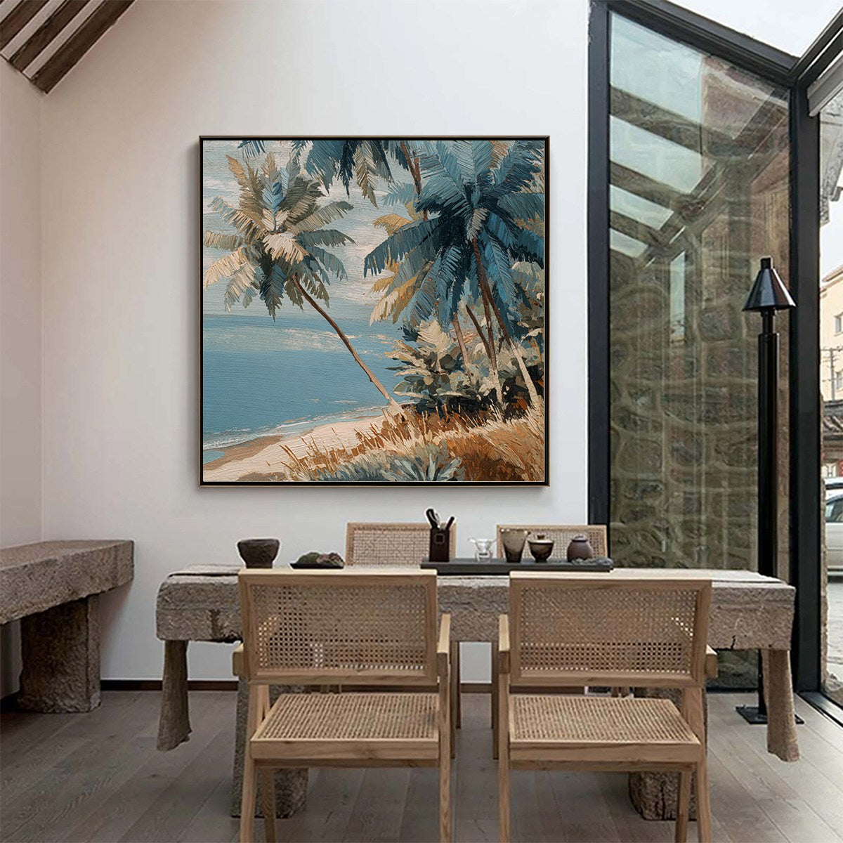 CERULEAN SHORE: Textured Impasto Palm Tree Beach Painting - Image 6