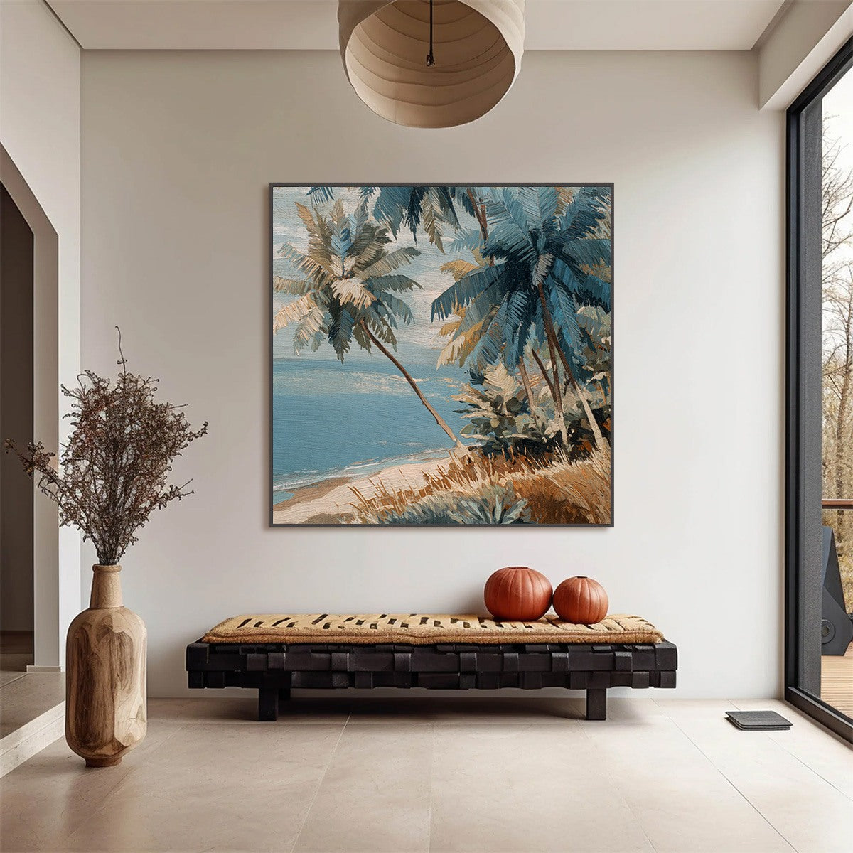 CERULEAN SHORE: Textured Impasto Palm Tree Beach Painting - Image 4