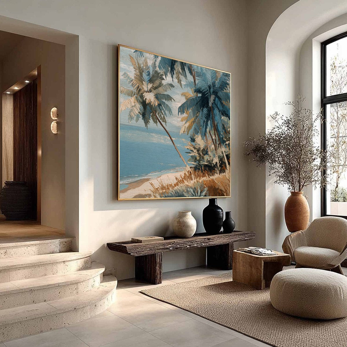 CERULEAN SHORE: Textured Impasto Palm Tree Beach Painting - Image 8