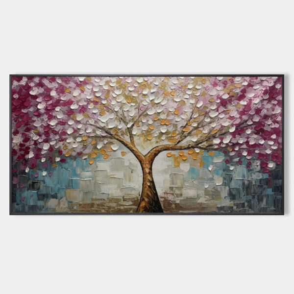 CHERRY BLOSSOM DREAM: Panoramic Textured Impasto Painting of a Cherry Blossom Tree, Modern Wall Art, Pink and Gold