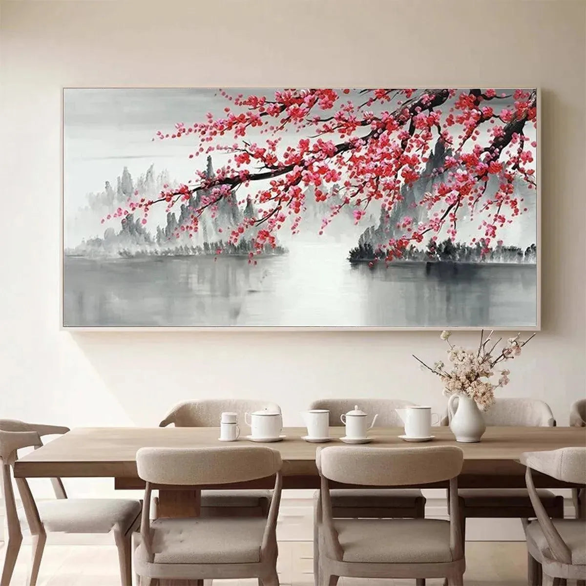 CHERRY BLOSSOM SERENITY: Horizontal Cherry Blossom Landscape Painting - Image 2