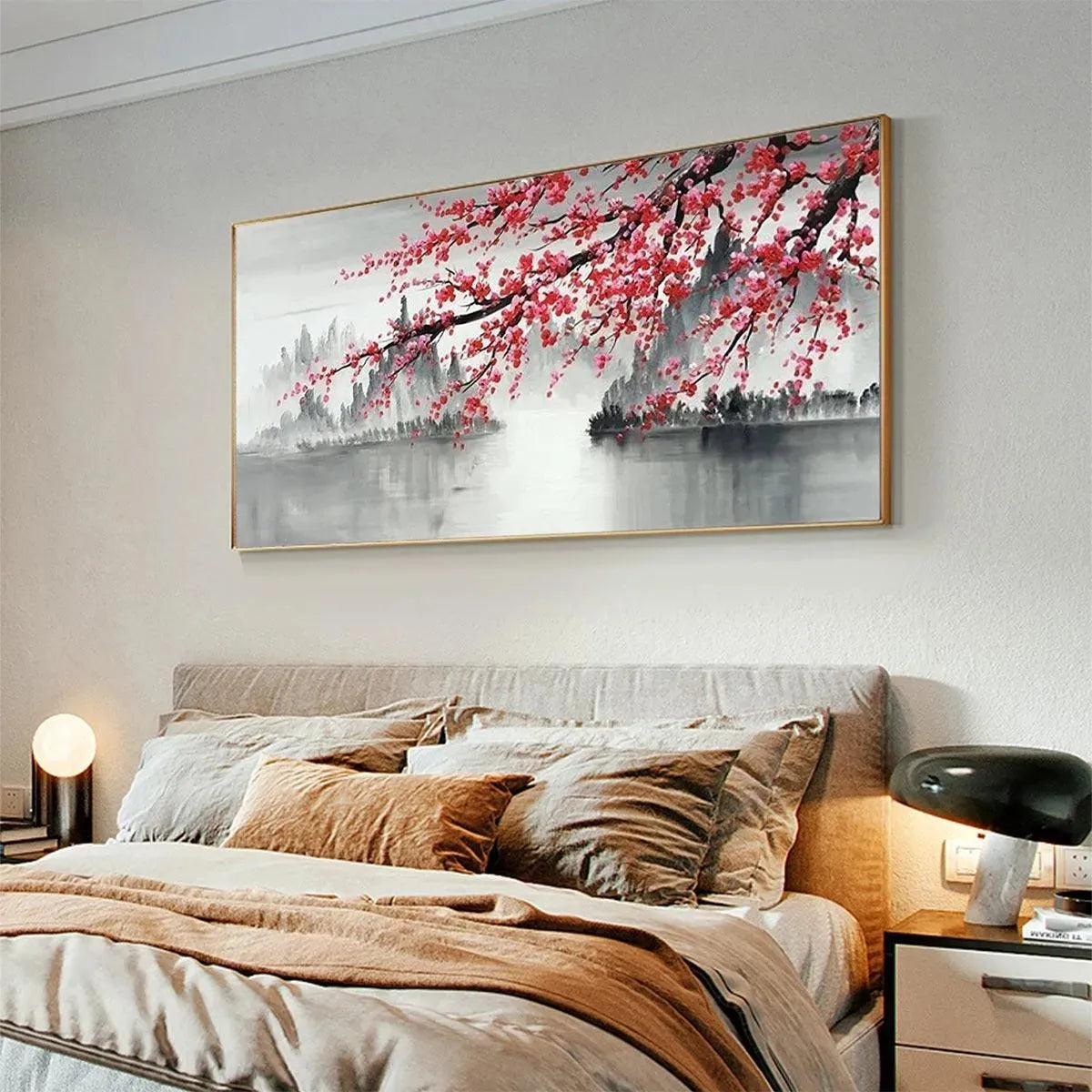 CHERRY BLOSSOM SERENITY: Horizontal Cherry Blossom Landscape Painting - Image 4