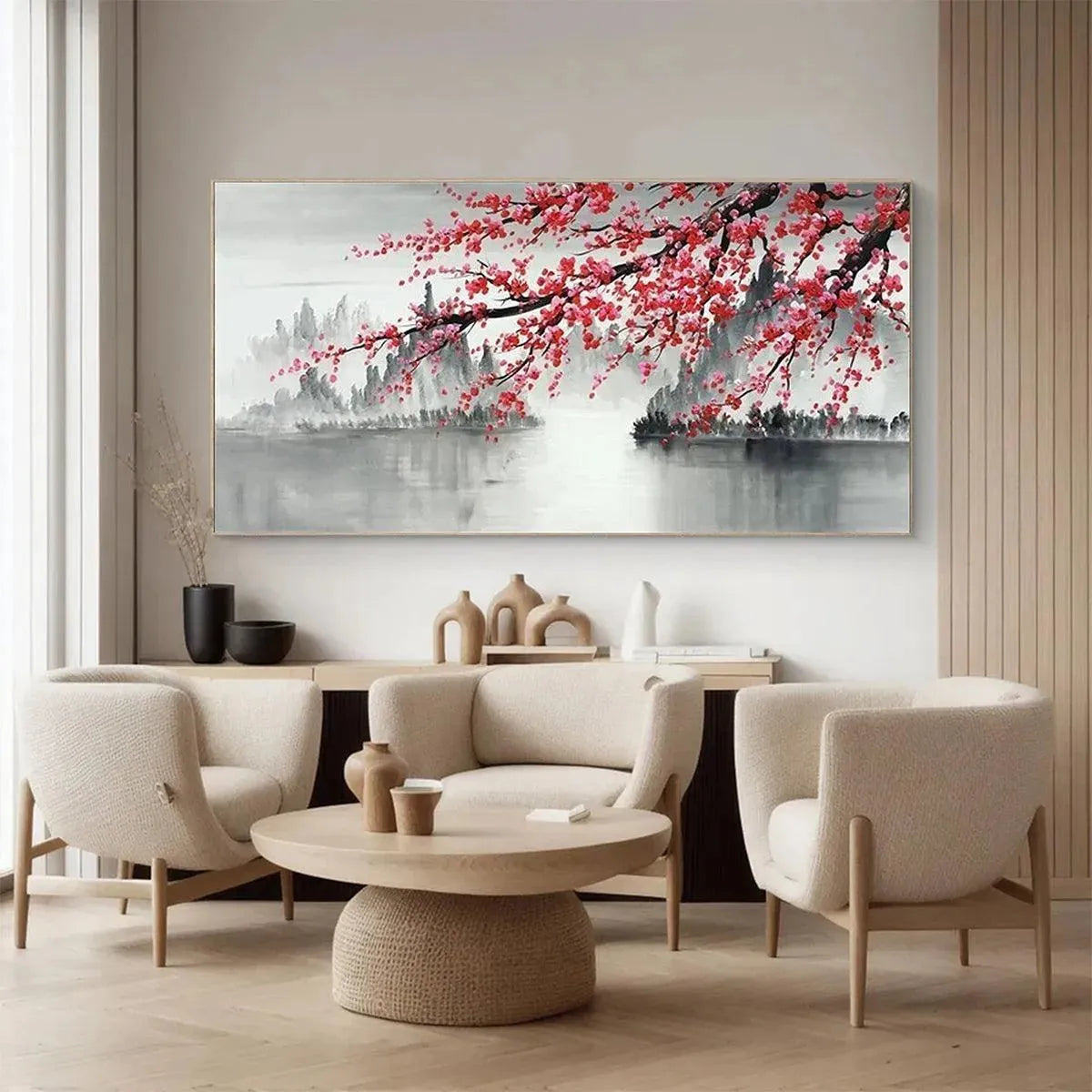 CHERRY BLOSSOM SERENITY: Horizontal Cherry Blossom Landscape Painting - Image 5