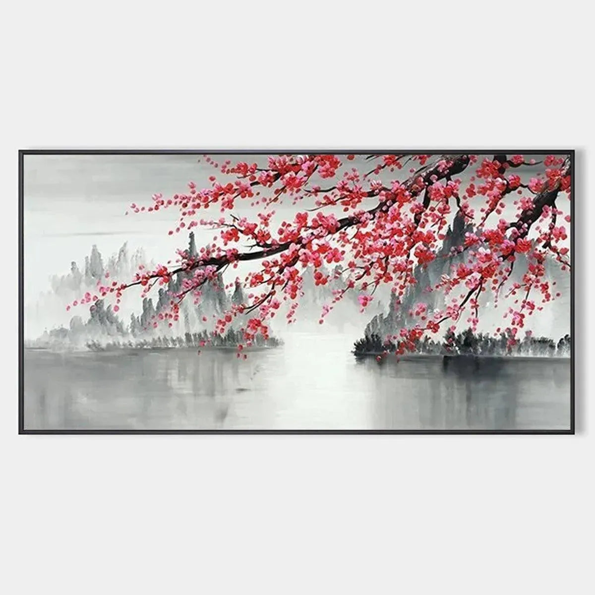 CHERRY BLOSSOM SERENITY: Horizontal Cherry Blossom Landscape Painting