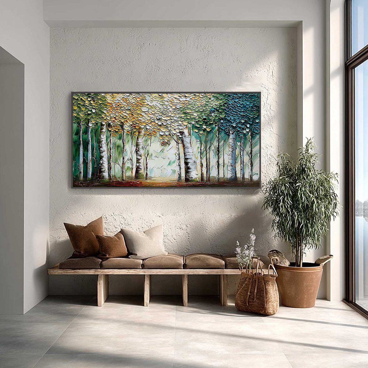 CHROMA GROVE: Panoramic Textured Impasto Birch Tree Forest Painting - Image 2