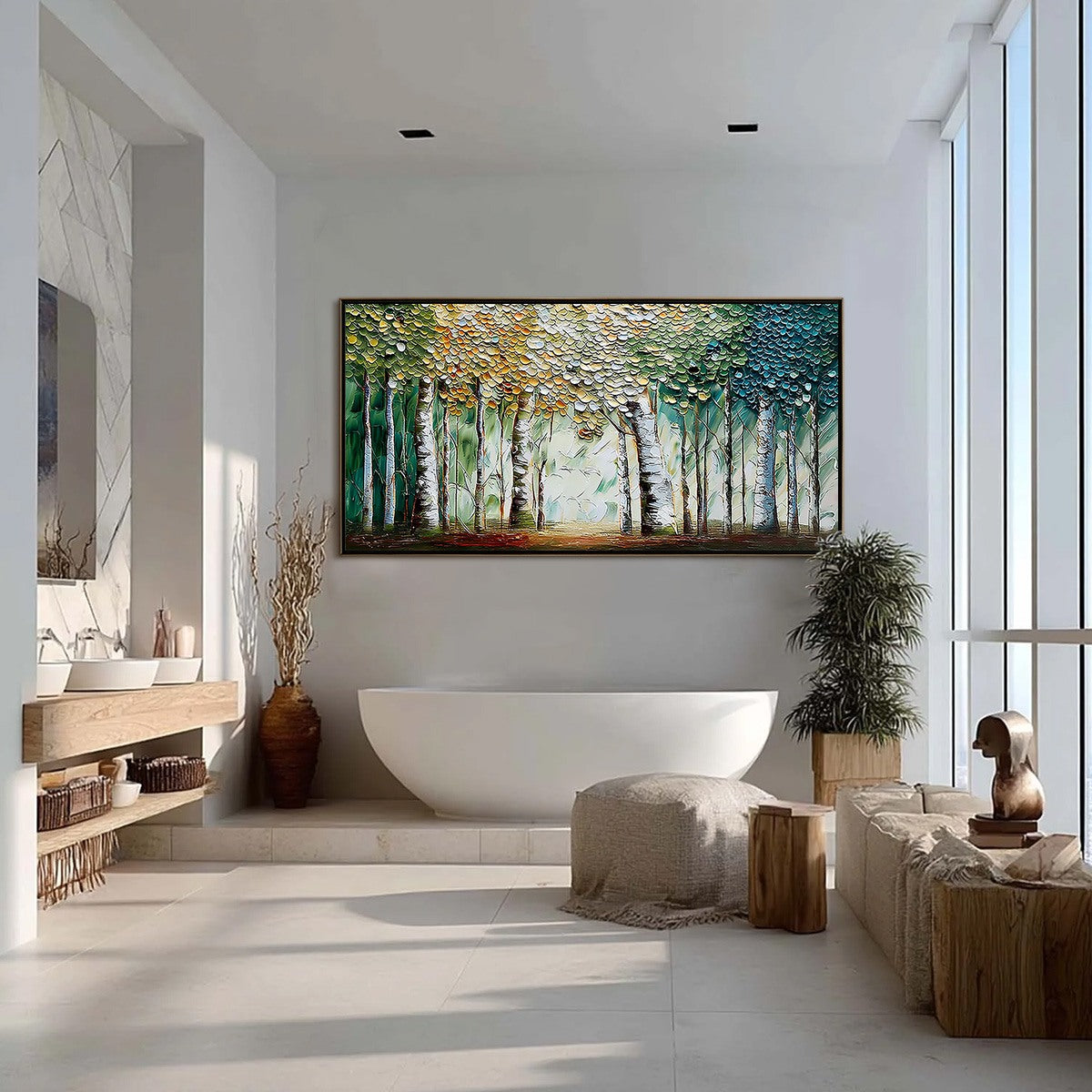 CHROMA GROVE: Panoramic Textured Impasto Birch Tree Forest Painting - Image 4