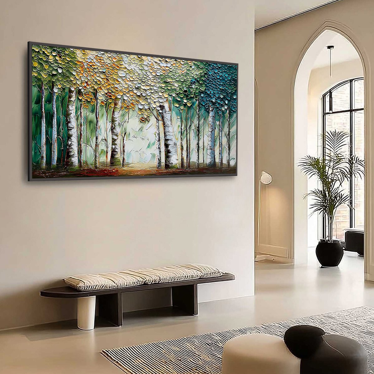 CHROMA GROVE: Panoramic Textured Impasto Birch Tree Forest Painting - Image 7