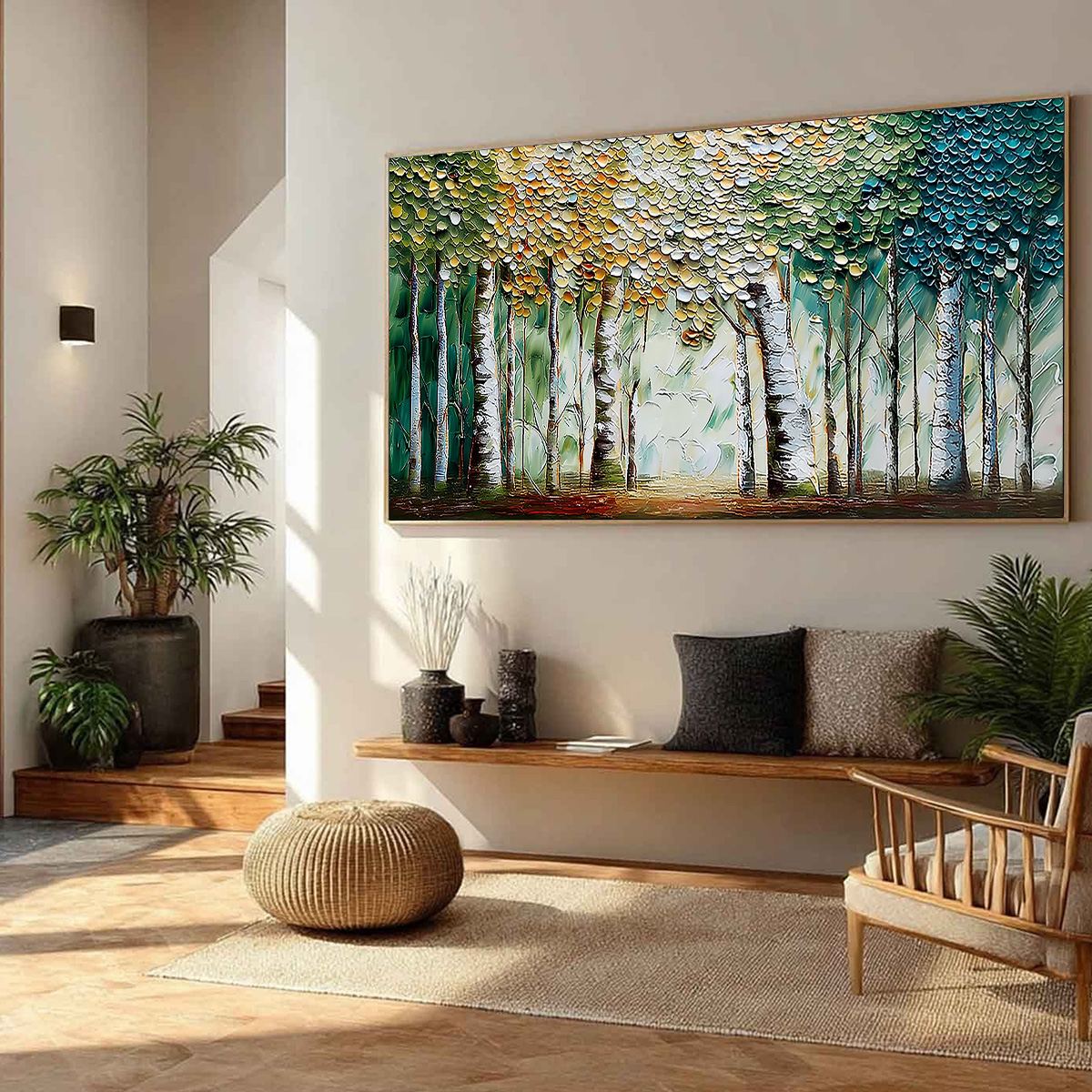 CHROMA GROVE: Panoramic Textured Impasto Birch Tree Forest Painting - Image 8