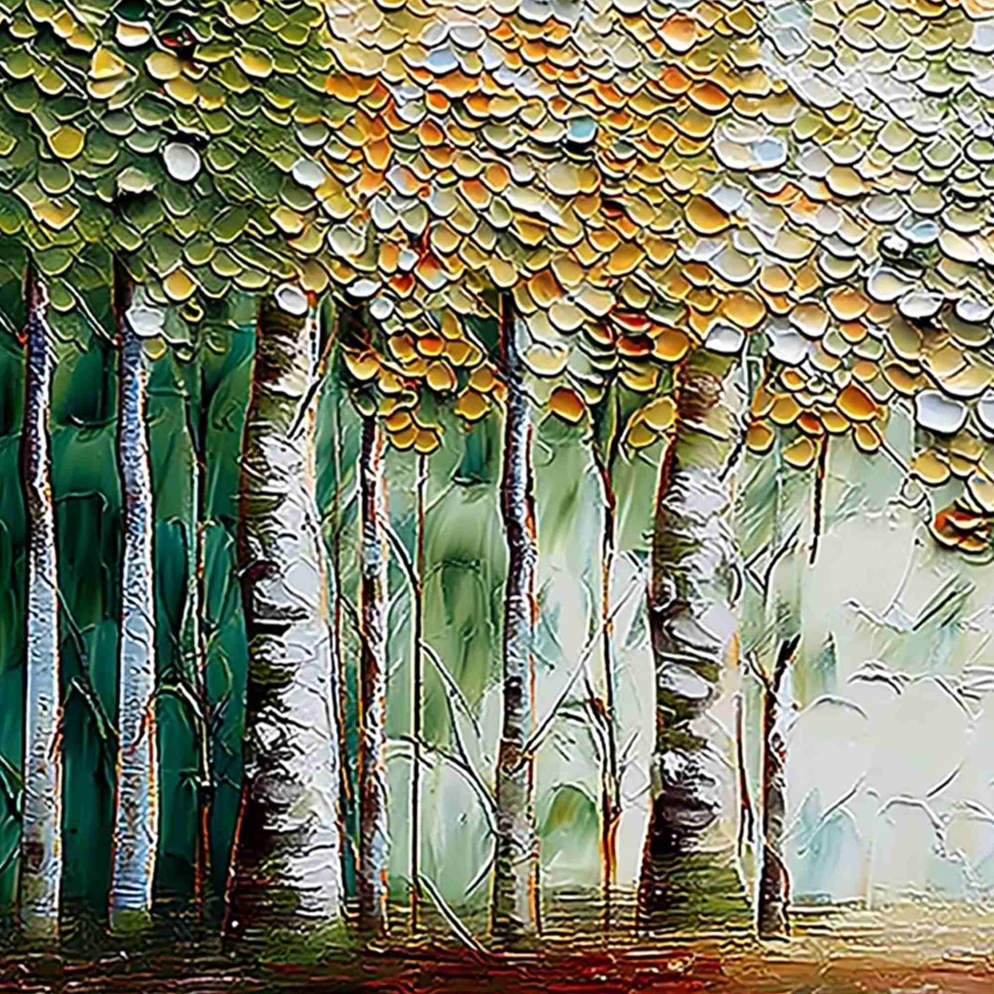CHROMA GROVE: Panoramic Textured Impasto Birch Tree Forest Painting - Image 3