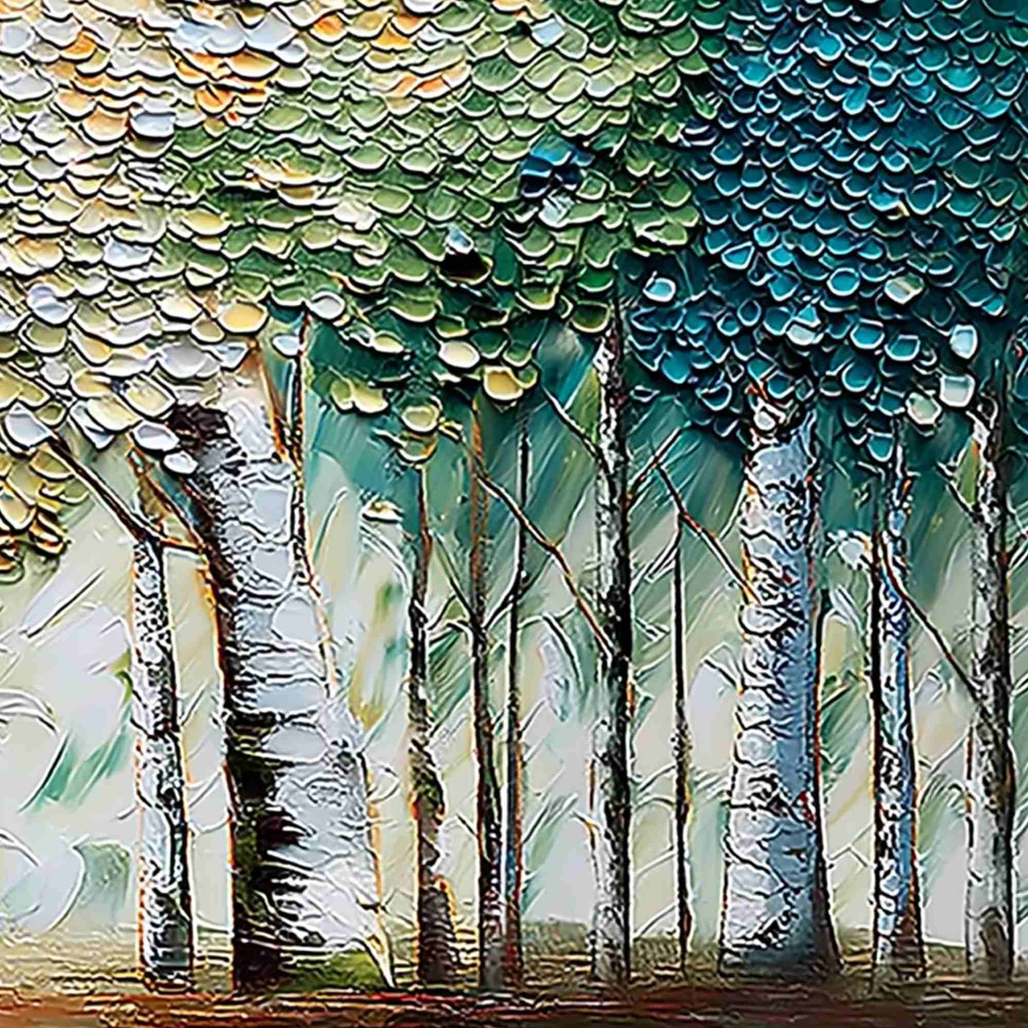 CHROMA GROVE: Panoramic Textured Impasto Birch Tree Forest Painting - Image 5