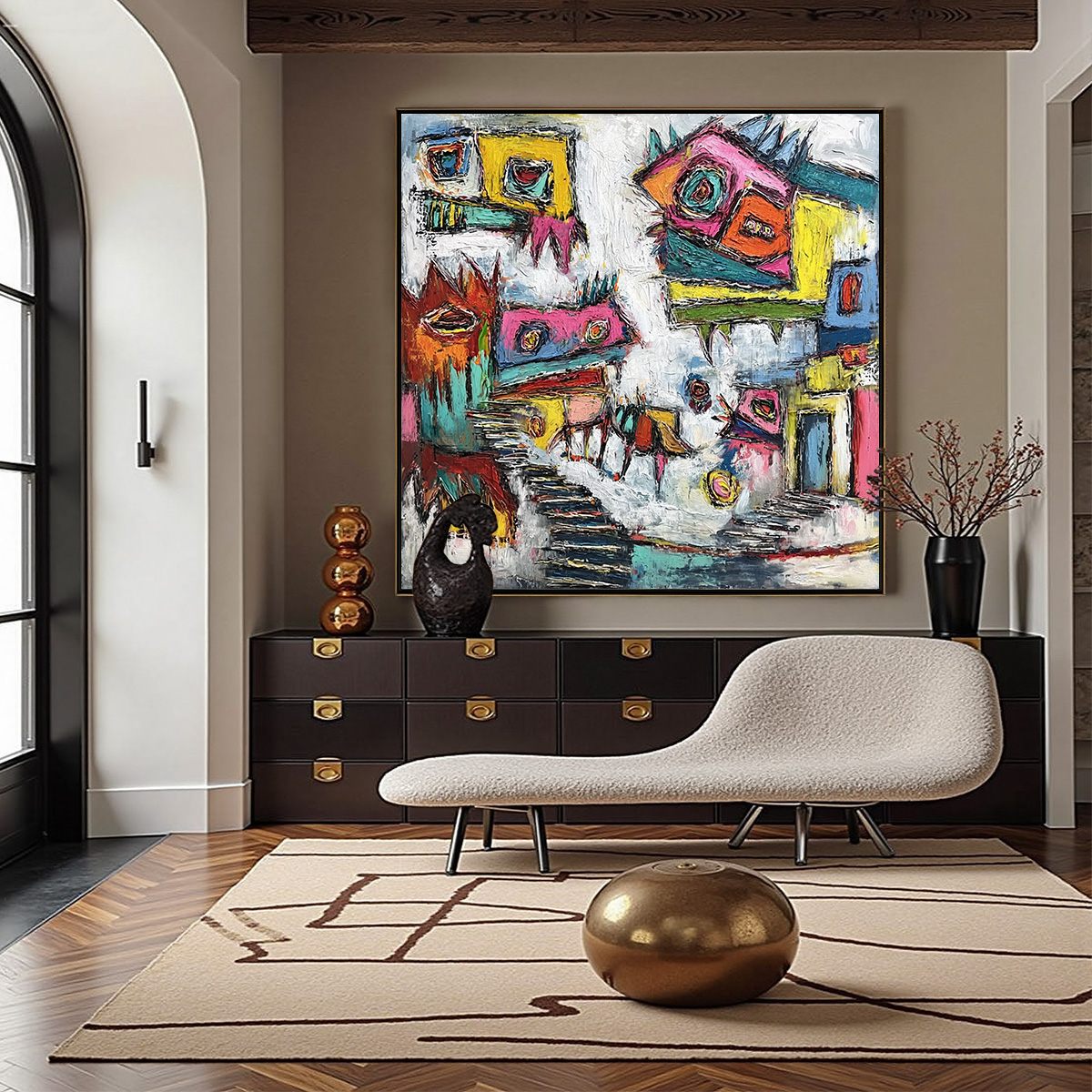 CHROMATIC RIOT: Large Colorful Textured Abstract Cityscape Painting - Image 2