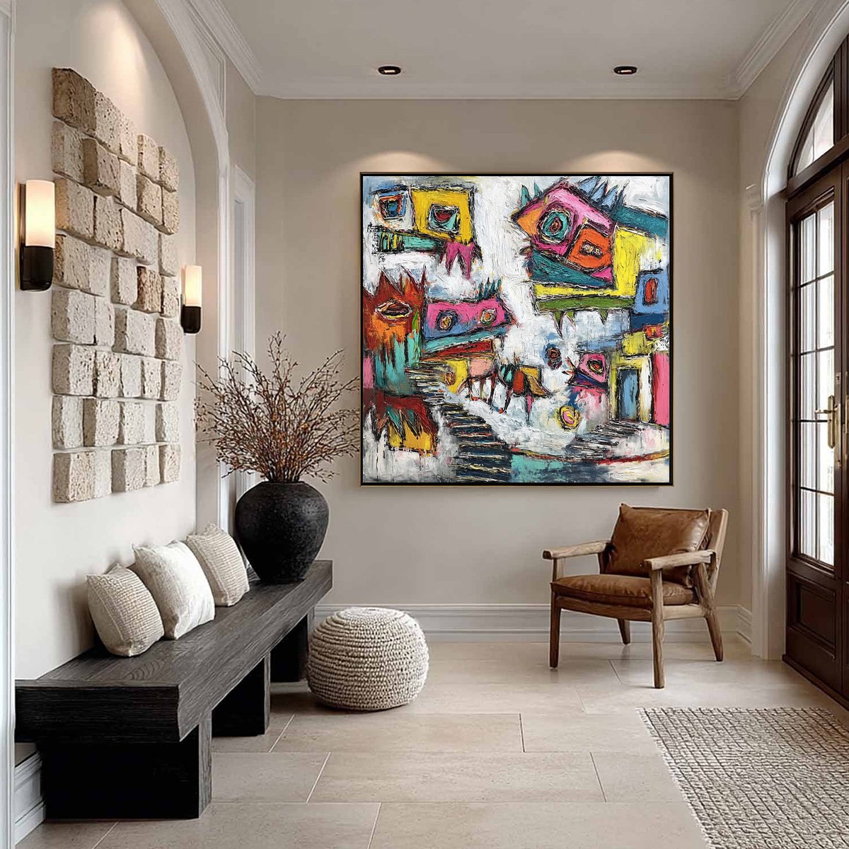CHROMATIC RIOT: Large Colorful Textured Abstract Cityscape Painting - Image 4