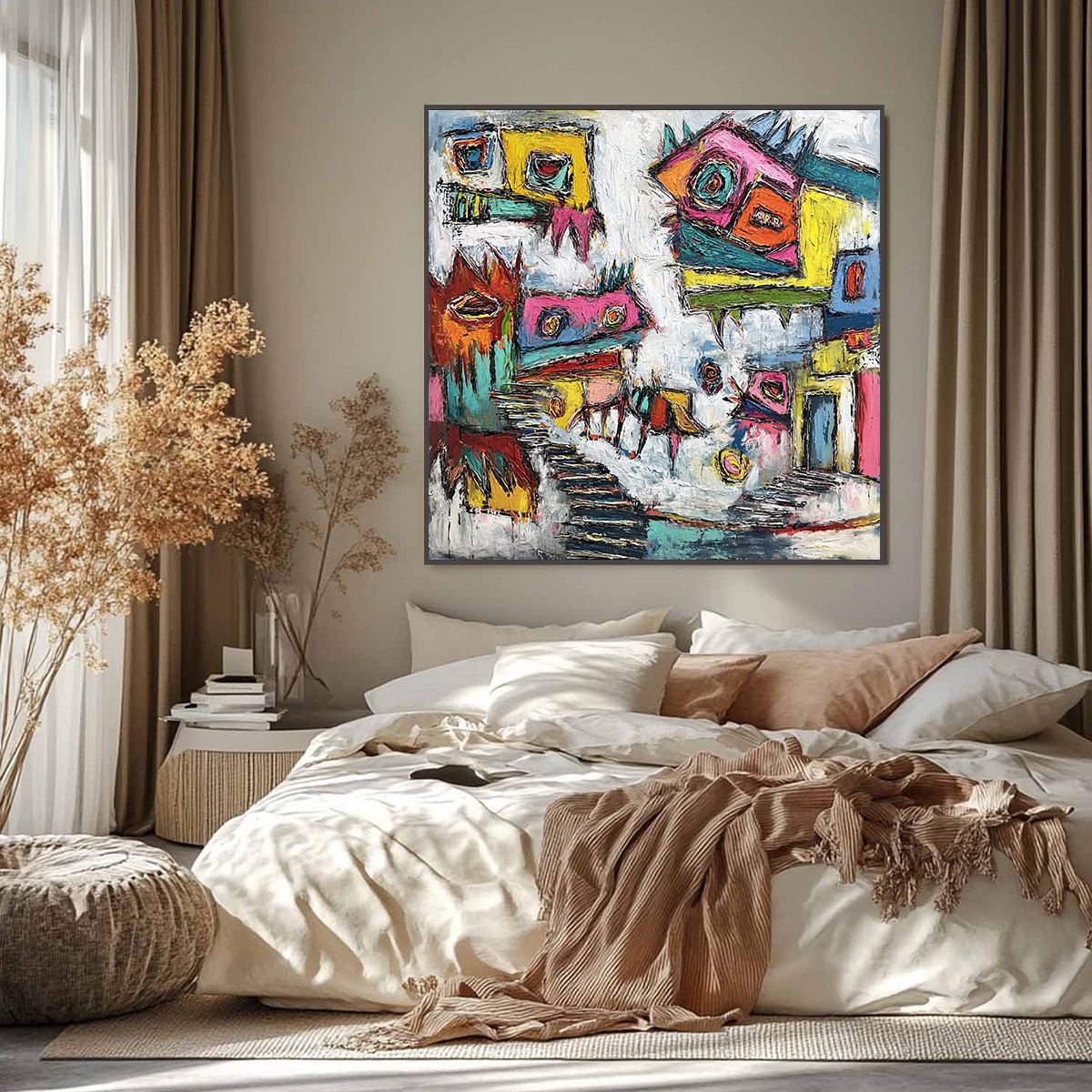 CHROMATIC RIOT: Large Colorful Textured Abstract Cityscape Painting - Image 6