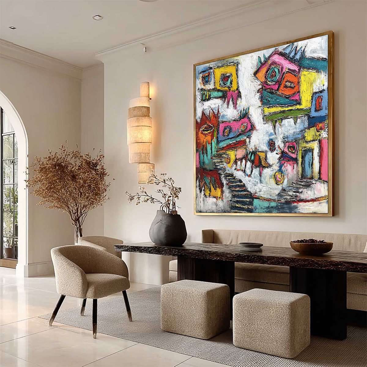 CHROMATIC RIOT: Large Colorful Textured Abstract Cityscape Painting - Image 8
