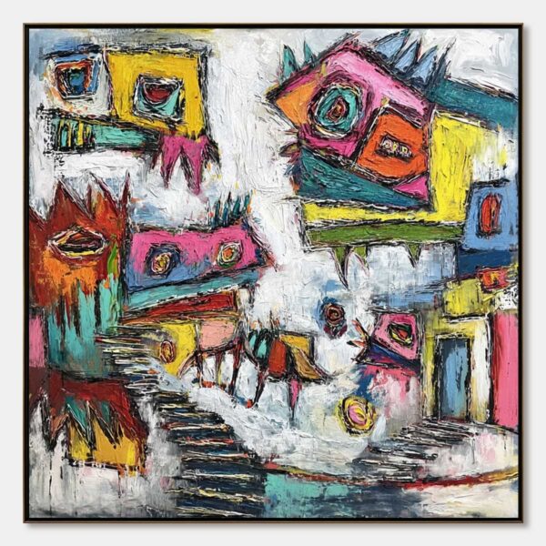 CHROMATIC RIOT: Large Colorful Textured Abstract Cityscape Painting
