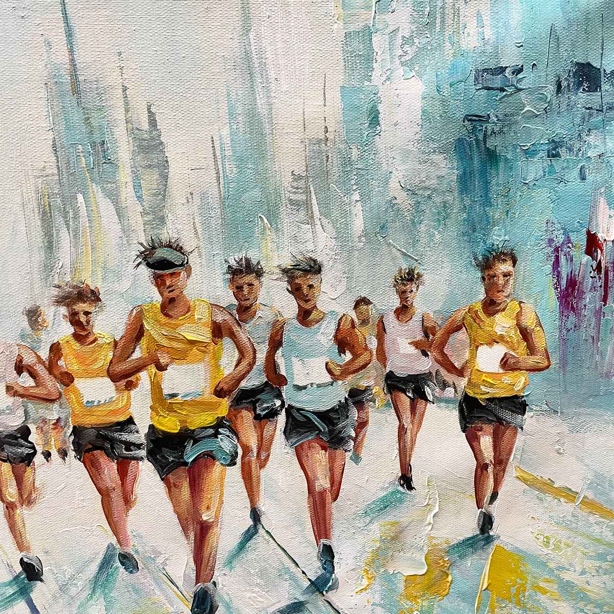 CITY STRIDE: Textured Urban Marathon Scene Oil Painting - Image 3