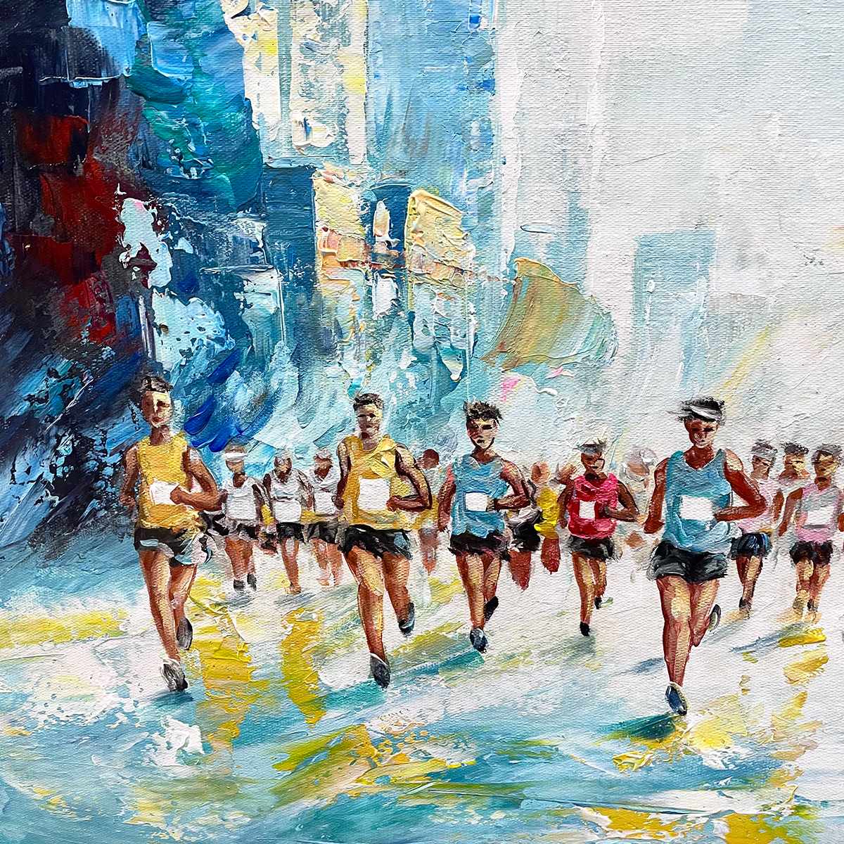 CITY STRIDE: Textured Urban Marathon Scene Oil Painting - Image 5