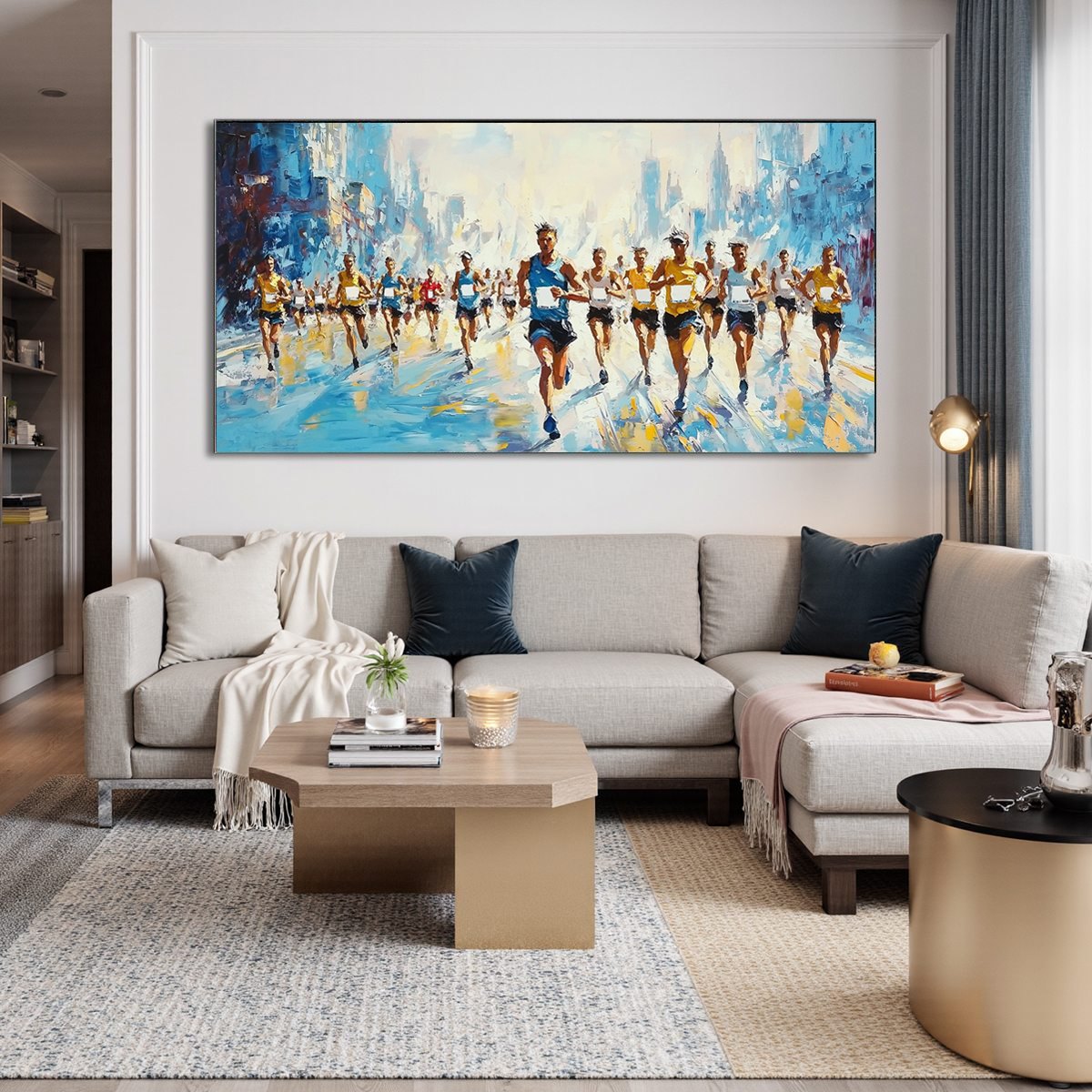 CITY STRIDE: Textured Urban Marathon Scene Oil Painting - Image 2