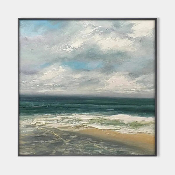 CLOUDY COASTAL SCENE: Square Coastal Landscape Painting, Square Wall Art