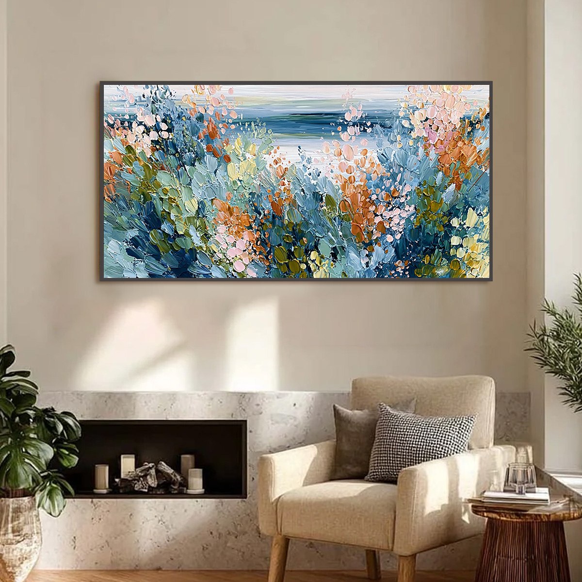 COASTAL BLOOM: Textured Abstract Floral Seascape Oil Painting - Image 2