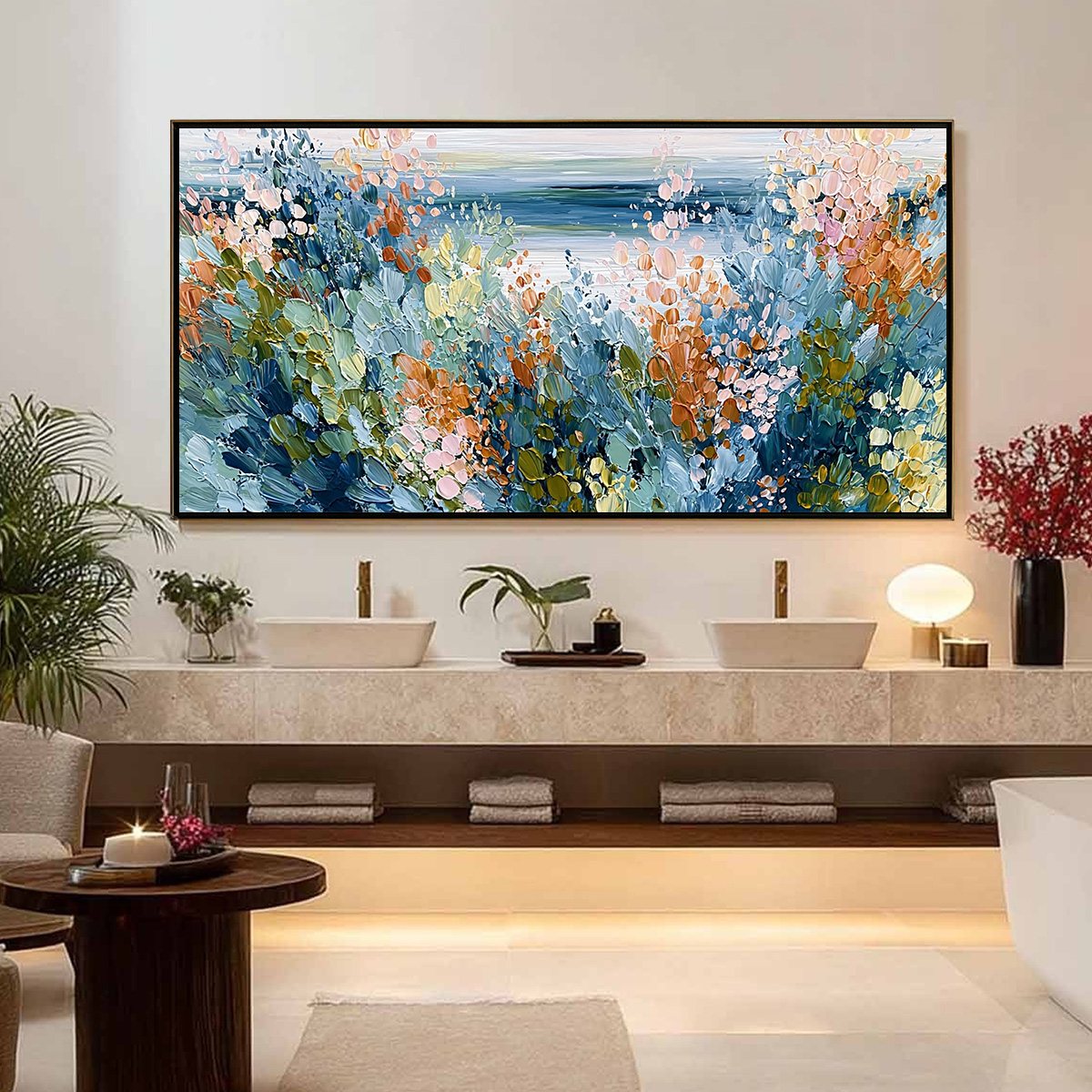 COASTAL BLOOM: Textured Abstract Floral Seascape Oil Painting - Image 4