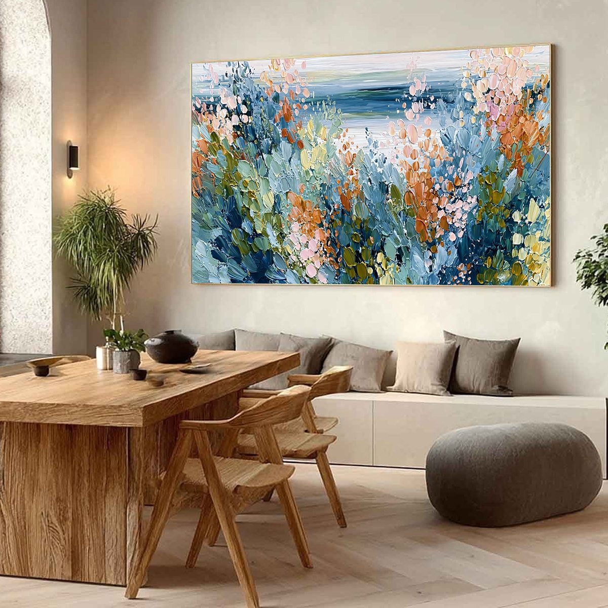 COASTAL BLOOM: Textured Abstract Floral Seascape Oil Painting - Image 7