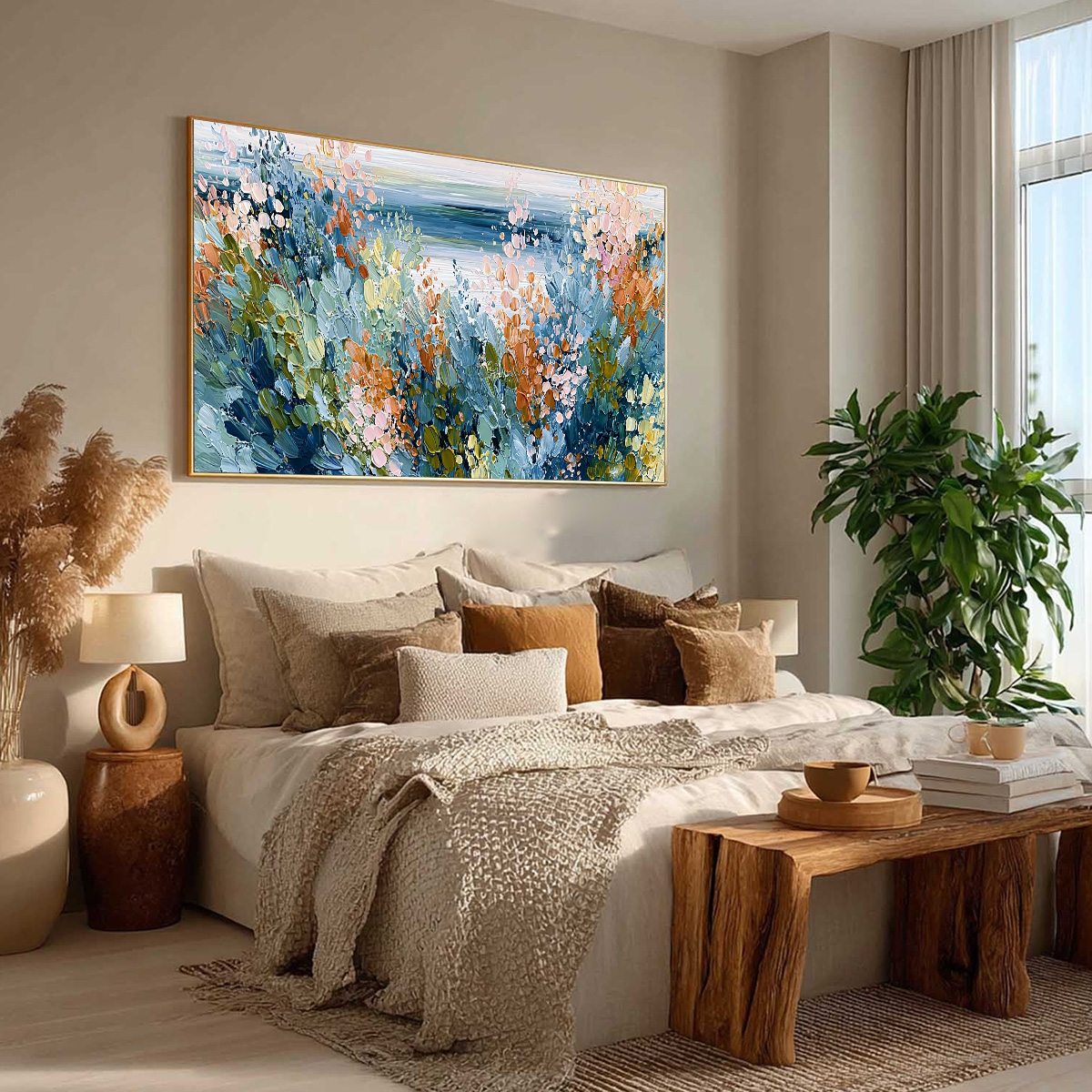 COASTAL BLOOM: Textured Abstract Floral Seascape Oil Painting - Image 8