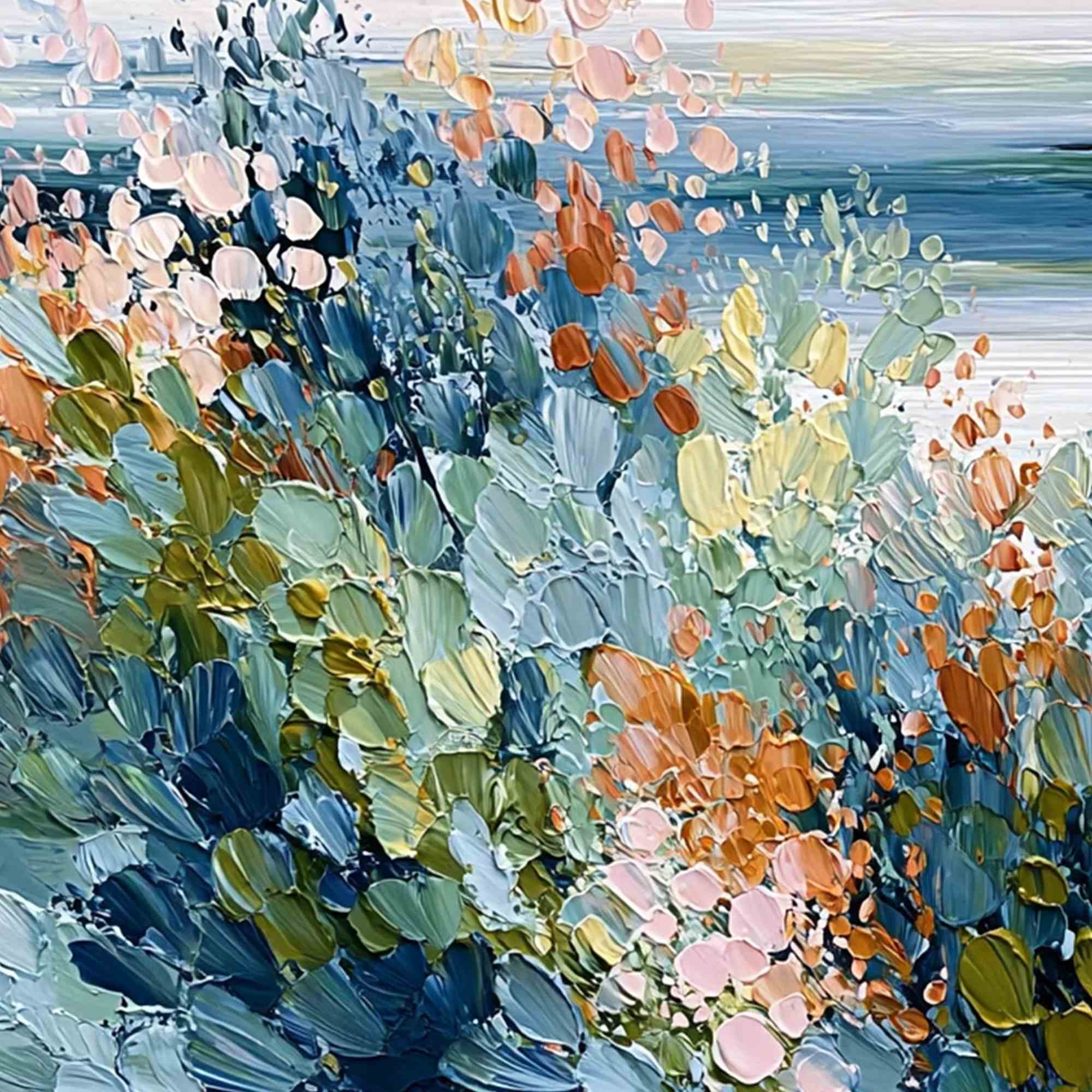 COASTAL BLOOM: Textured Abstract Floral Seascape Oil Painting - Image 3