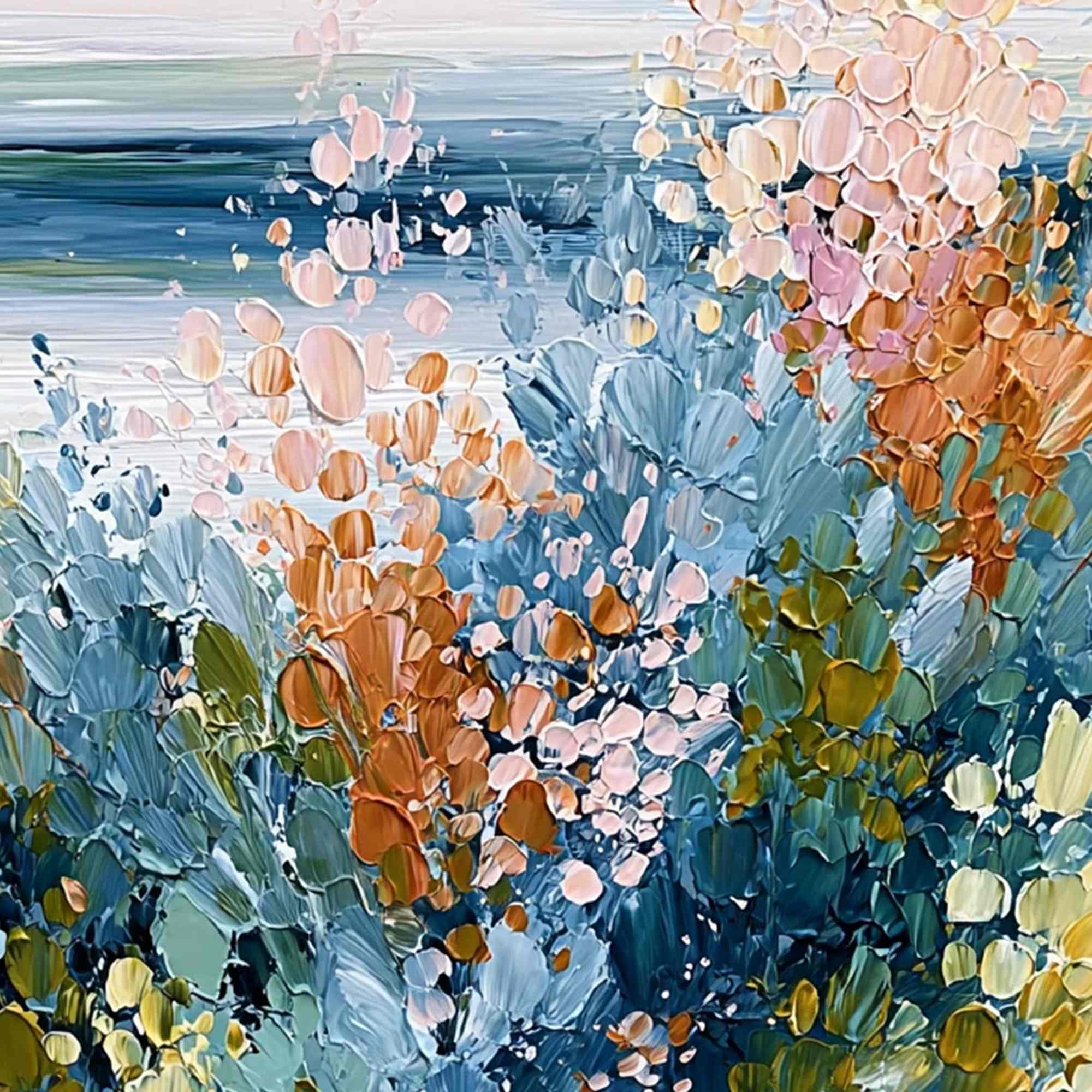 COASTAL BLOOM: Textured Abstract Floral Seascape Oil Painting - Image 5