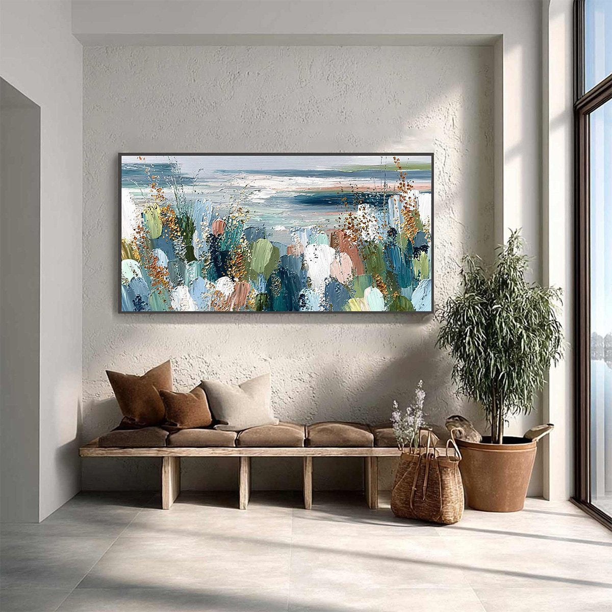 COASTAL BLOOM: Textured Abstract Seascape Impasto Oil Painting - Image 4
