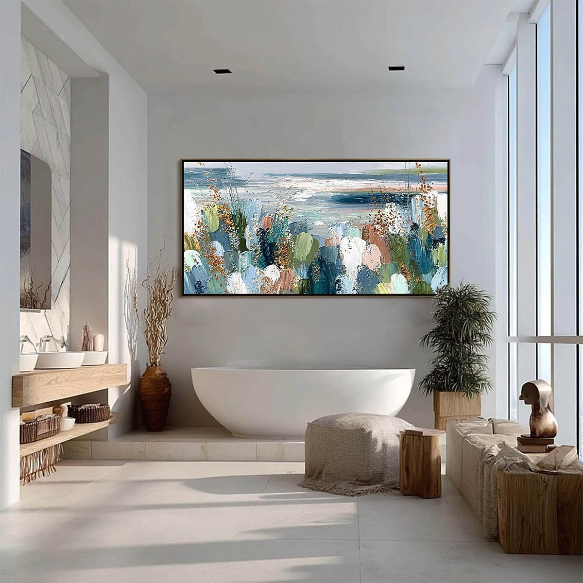 COASTAL BLOOM: Textured Abstract Seascape Impasto Oil Painting - Image 6