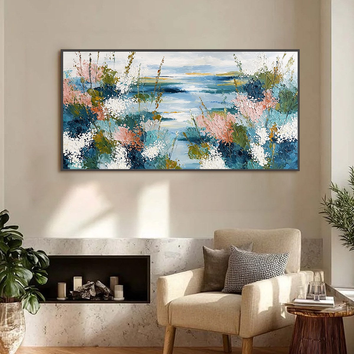 COASTAL BLOOM: Textured Impasto Painting of a Floral Coastline - Image 2