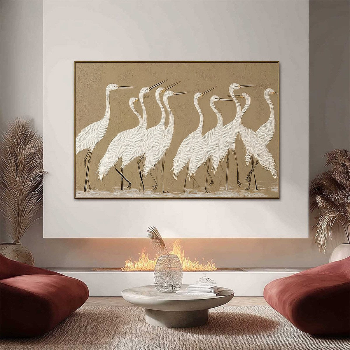 COASTAL CONGREGATION: Textured Wabi Sabi Egret Painting on Neutral Canvas - Image 2