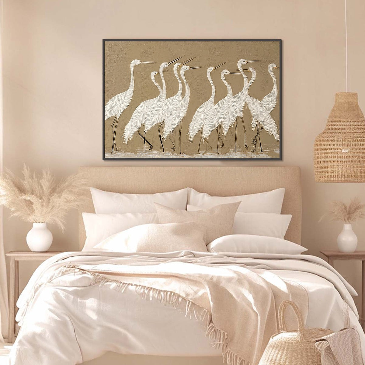 COASTAL CONGREGATION: Textured Wabi Sabi Egret Painting on Neutral Canvas - Image 4