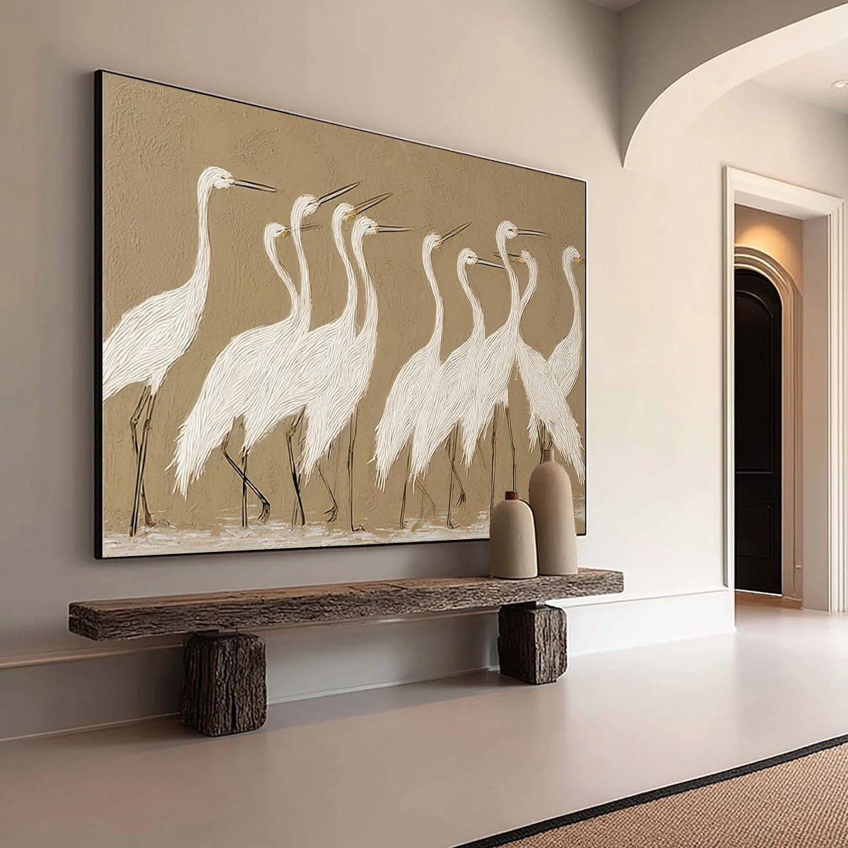 COASTAL CONGREGATION: Textured Wabi Sabi Egret Painting on Neutral Canvas - Image 8