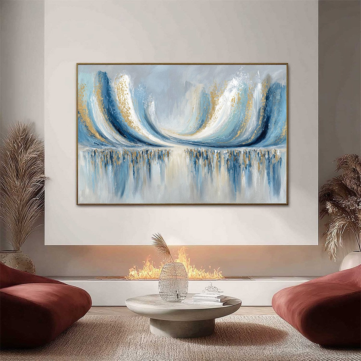 COASTAL ECHOES: Abstract Gold & Blue Textured Seascape Painting - Image 2