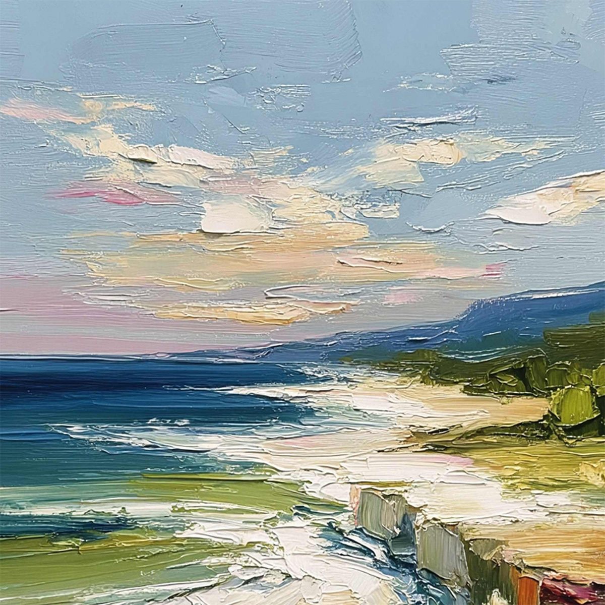 COASTAL EMBRACE: Textured Impasto Seascape Oil Painting for Wall Decor - Image 3