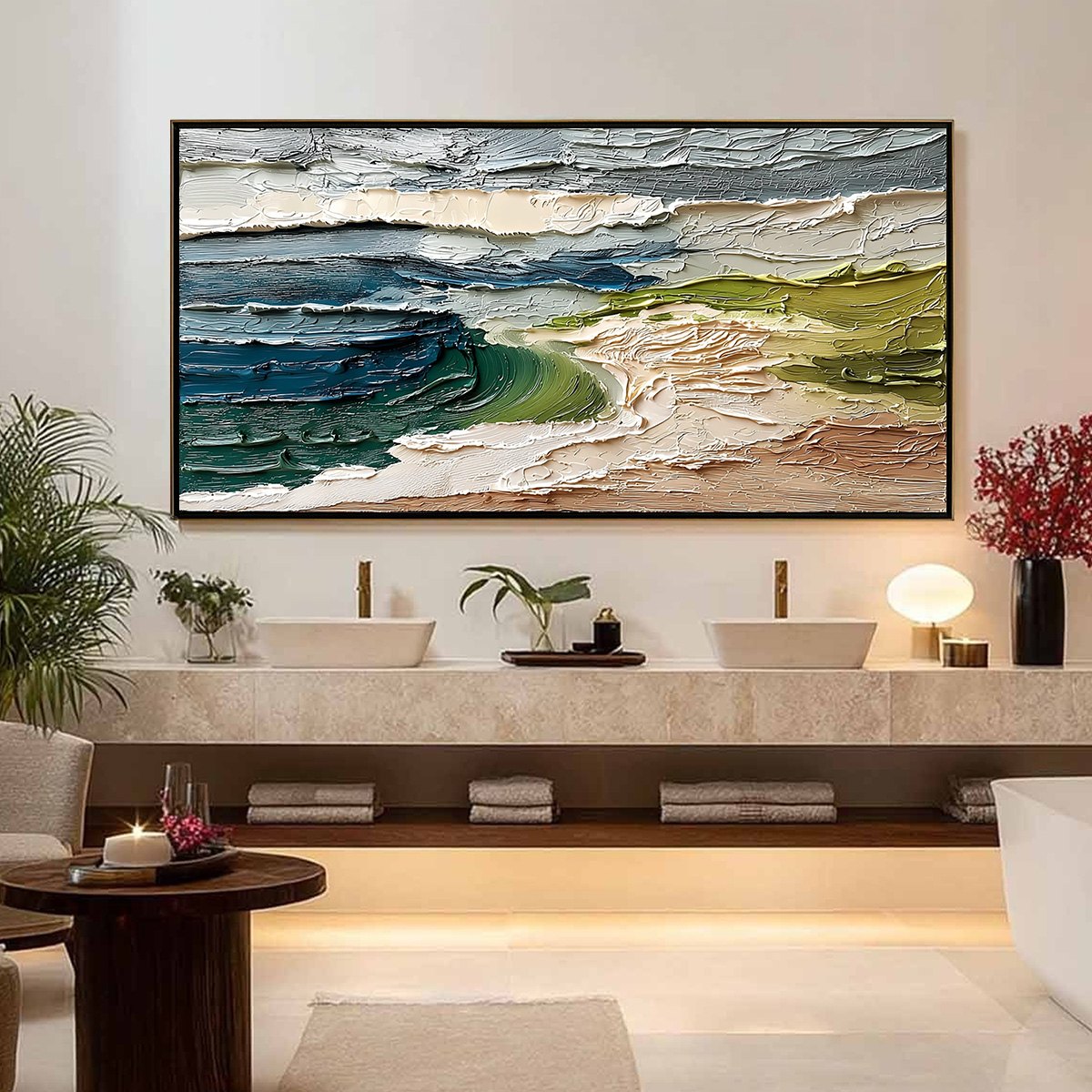 COASTAL EMBRACE: Textured Wabi Sabi Seascape Impasto Painting - Image 4
