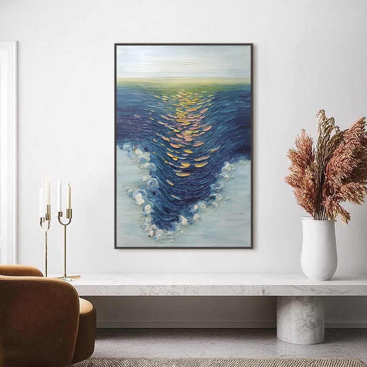 COASTAL GLOW: Textured Impasto Ocean Sunset Abstract Oil Painting - Image 2