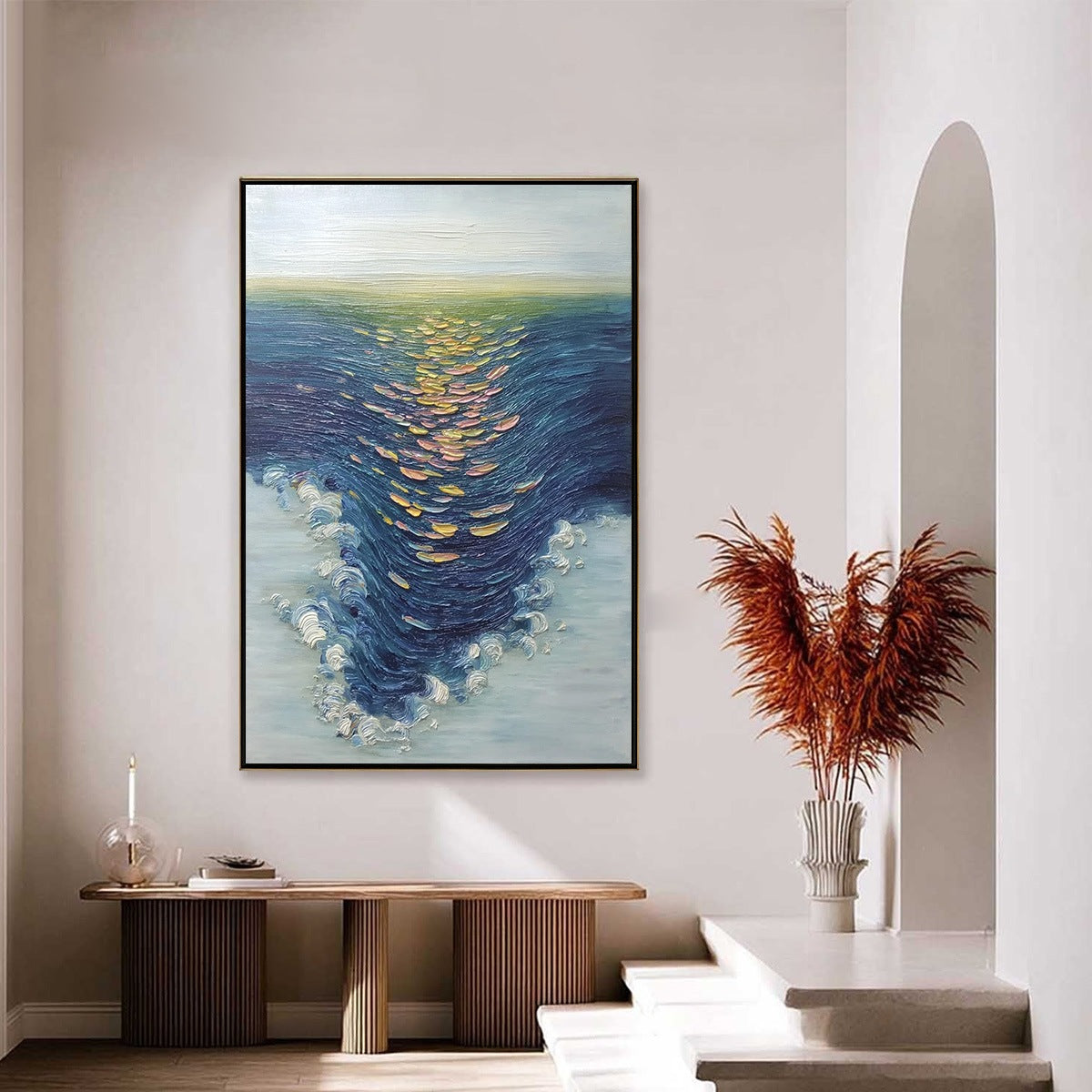 COASTAL GLOW: Textured Impasto Ocean Sunset Abstract Oil Painting - Image 4