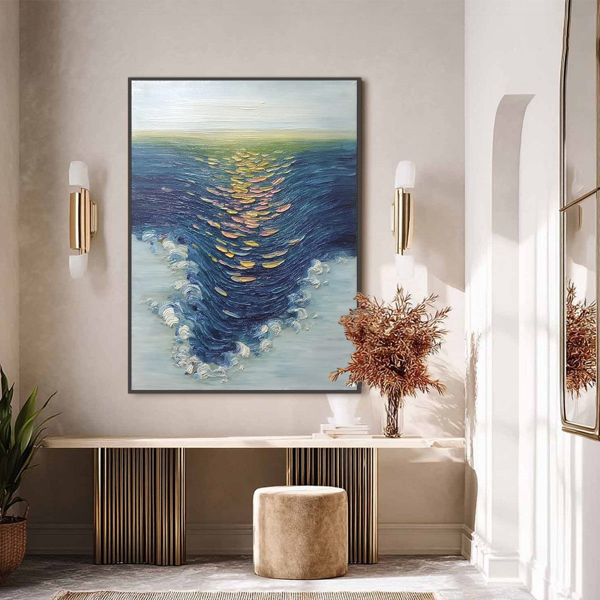 COASTAL GLOW: Textured Impasto Ocean Sunset Abstract Oil Painting - Image 6